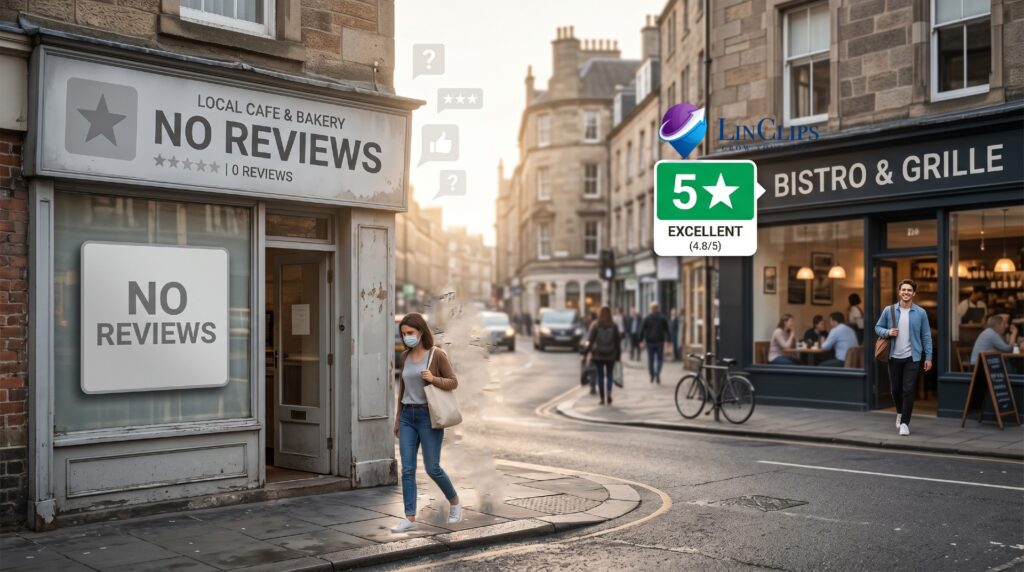 A woman walks past a bakery with “No Reviews” signs—highlighting how local businesses can lose customers without online reviews—while across the street, a bistro proudly displays a 5-star “Excellent” review in the warm evening light.