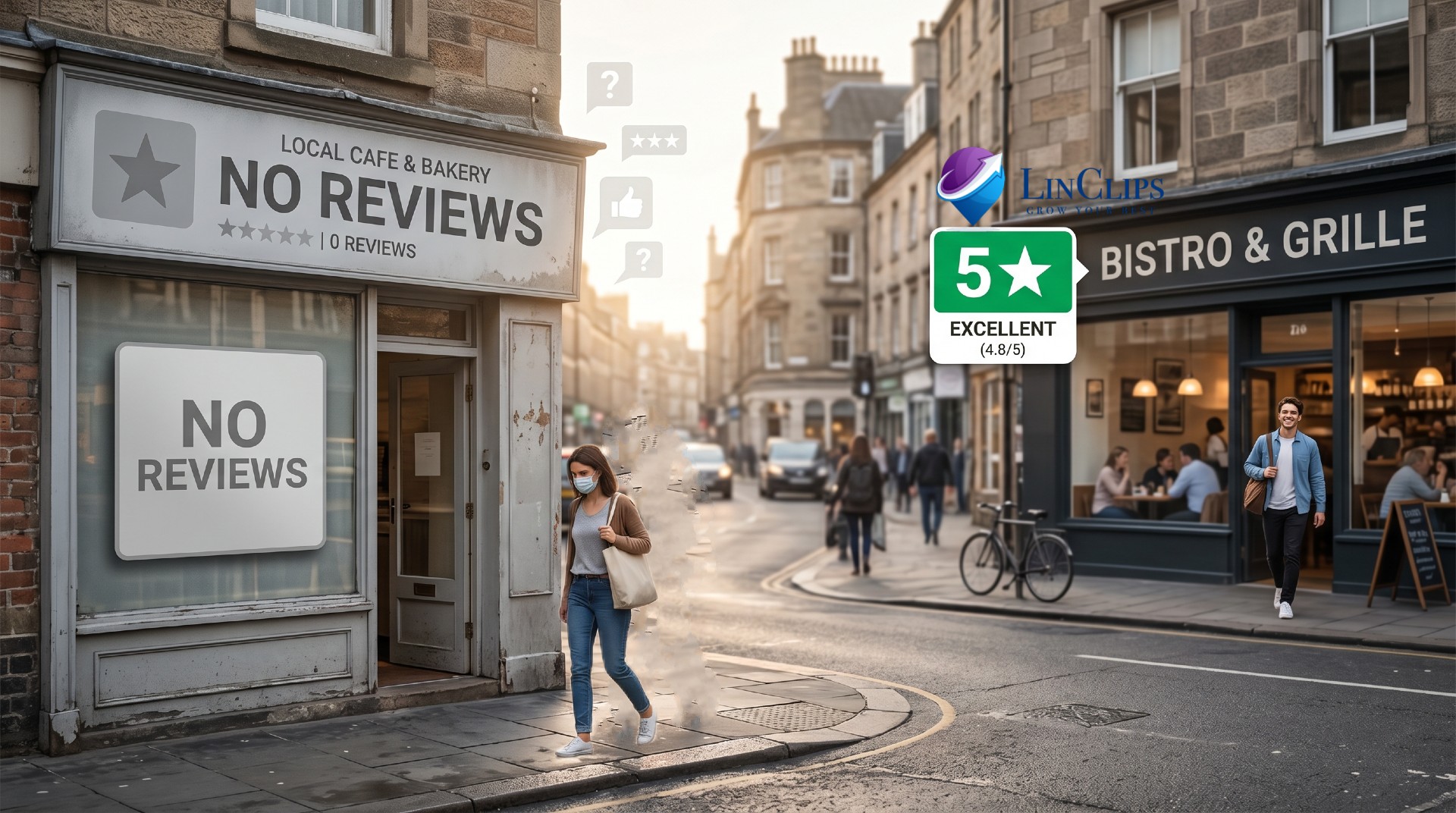 A woman walks past a bakery with “No Reviews” signs—highlighting how local businesses can lose customers without online reviews—while across the street, a bistro proudly displays a 5-star “Excellent” review in the warm evening light.