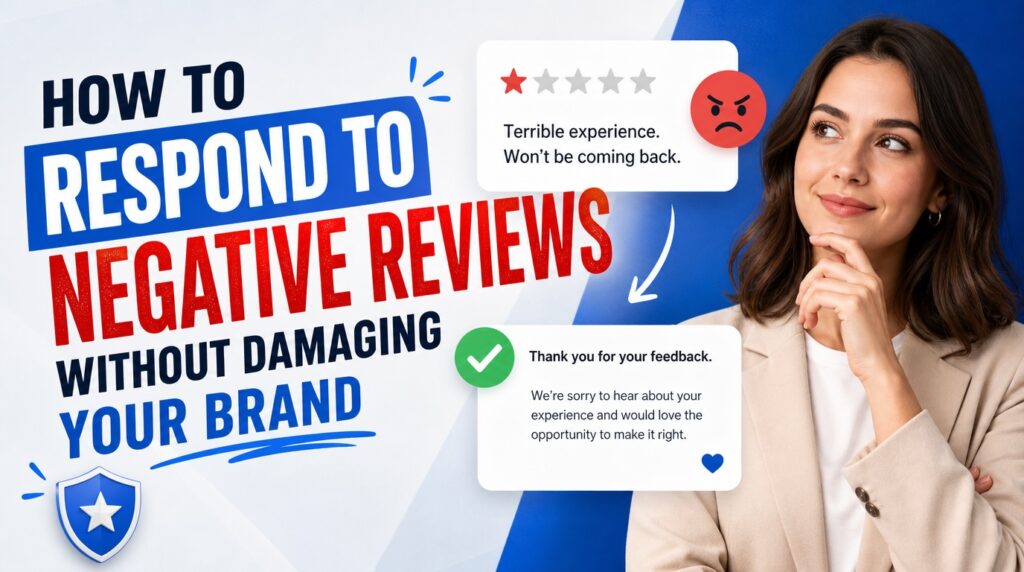 A woman looks thoughtful next to bold text about how to respond to reviews—especially negative reviews—without damaging your brand reputation, with examples of both negative and positive review responses shown.